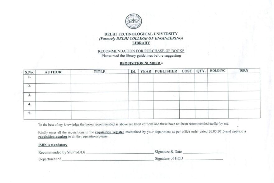 DTU Central Library recommendation for purchase of books form